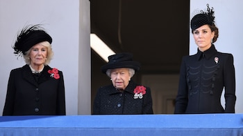 Camilla and Kate, alongside Queen Elizabeth II, at the Remembrance Day service at the Cenotaph in Whitehall, London, on November 10, 2019 (James Veysey/Shutterstock)