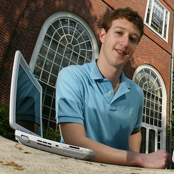 Mark Zuckerberg, creator of "Facebook"photographed in Eliot House at Harvard University, Cambridge, Massachusetts, on May 14, 2004. Facebook was created in February 2004, three months before this photograph. (Photo by Rick Friedman/Corbis via Getty Images)