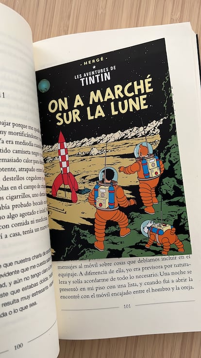 The bookmark with the cover in French of 'On a marché sur la Lune' that Miguel had in the book 'Normal People', in a photo provided by Carmen.